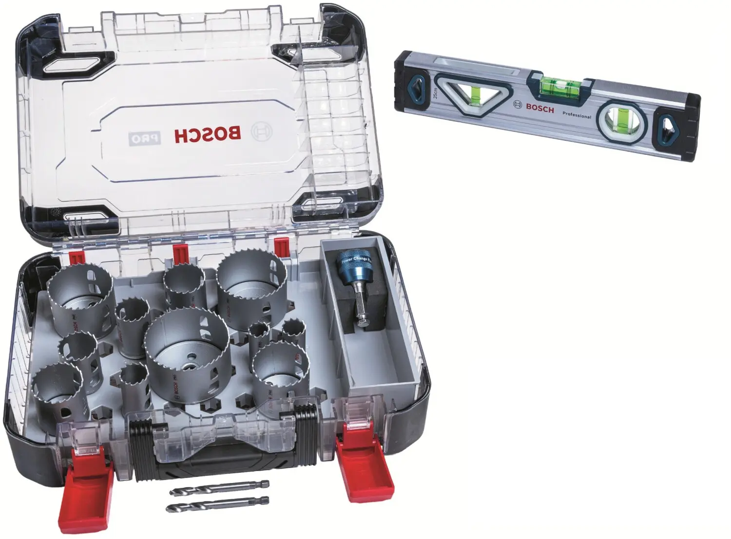 Coffret 11 trépans PRO Multi Material Power Change Plus + 2 forets HSS-G + 1 Adaptateur - 14 pièces + Niveau à bulle – BOSCH – 2608901907