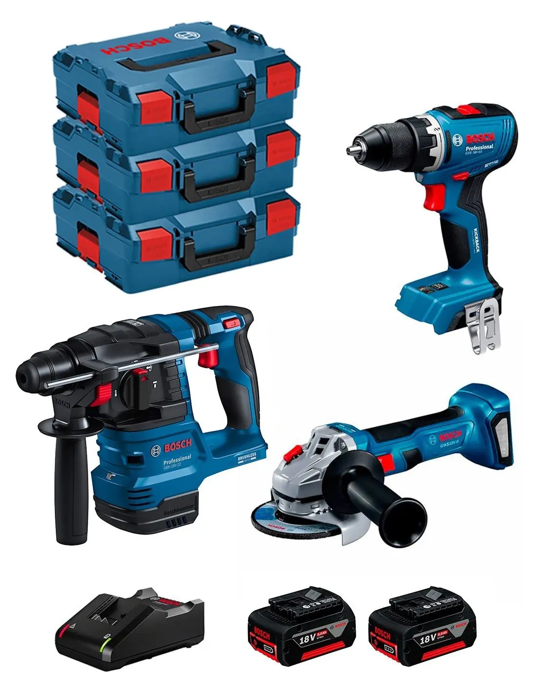 Kit BOSCH - GSR 18V-65 + GBH 18V-22 + GWS 18V-8 + 2 x 5,0 Ah + GAL18V-40 + 3 x L-Boxx 136 - 0615A5009G