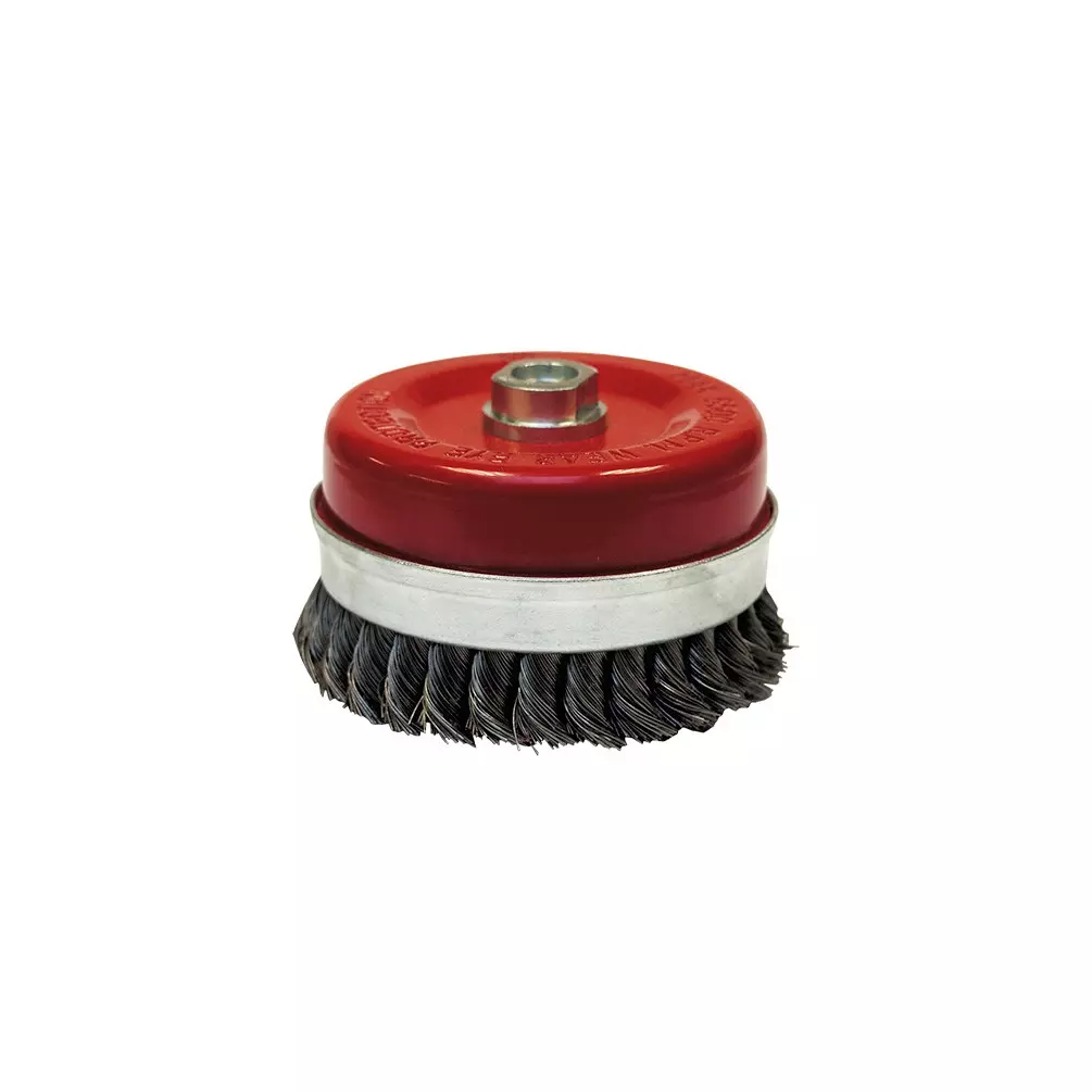 Brosse conique pour meuleuse fil acier torsadé 0.50 mm D. 80 mm M14 pour métal - Décapage extra dur - LEMAN - 530.080V