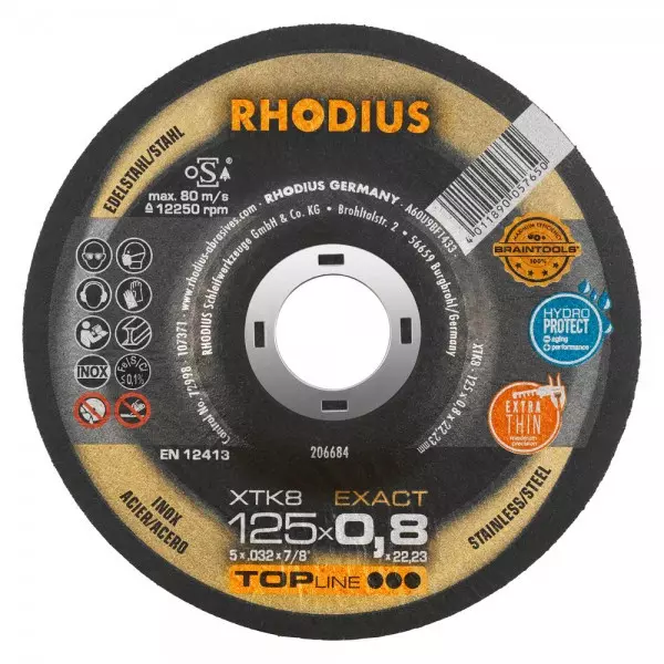 Disque à tronçonner RHODIUS XT8 - Ø125 mm x 0.8 x 22.2 mm - Acier Inox - 206684