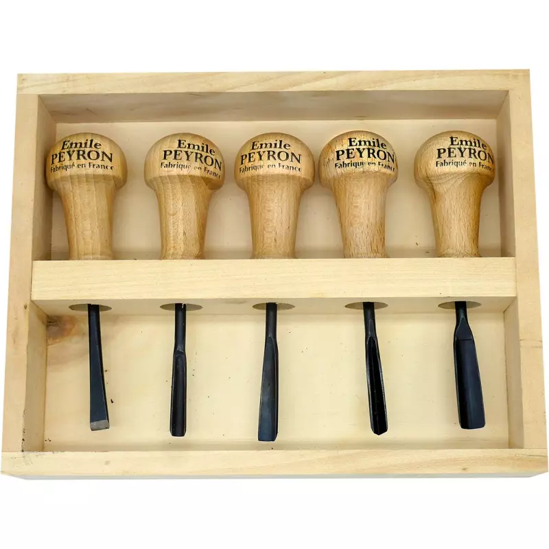 Gouges On Cardboard Box Coffret de 5 gouges de sculpteur - Manche bois - EMILE PEYRON - 1116