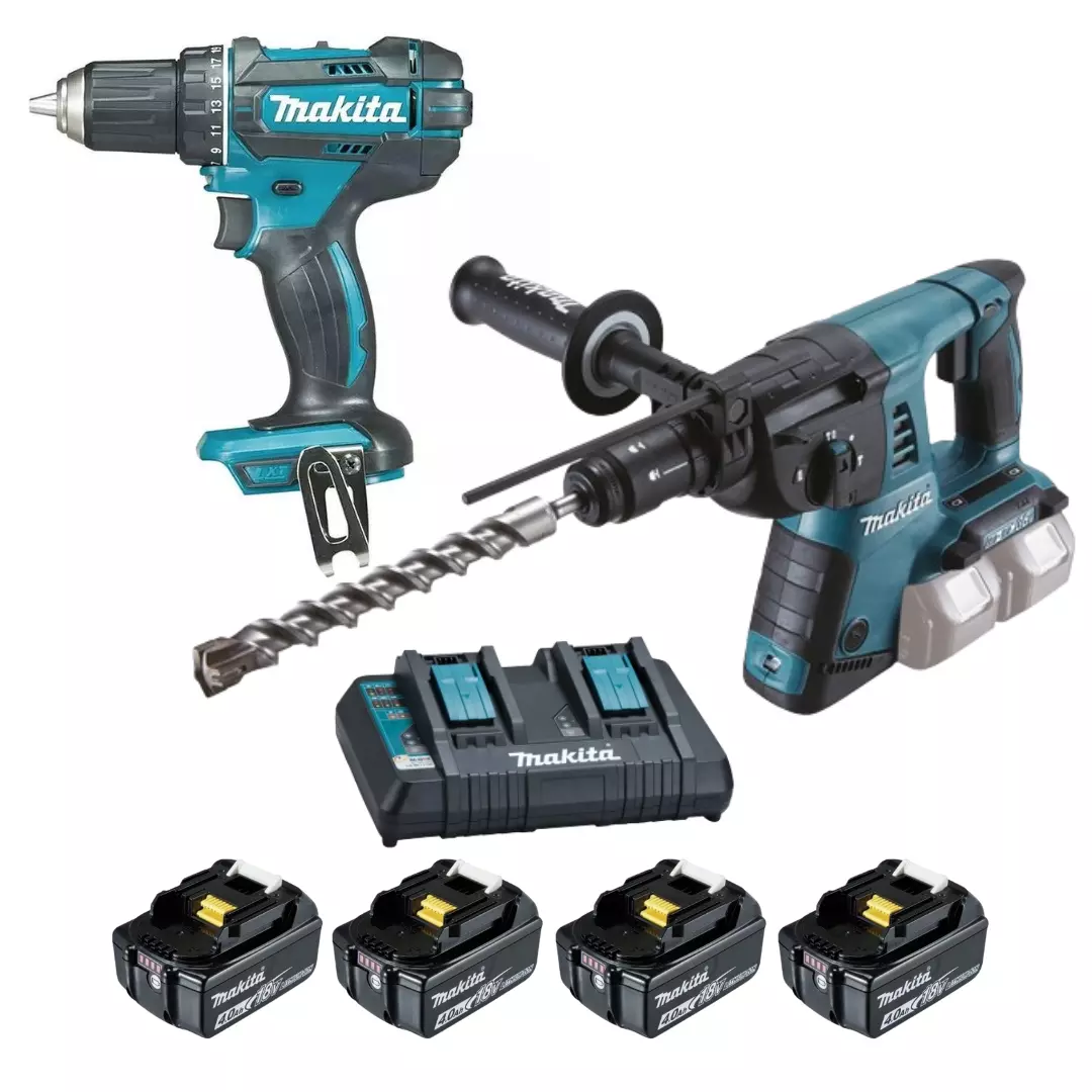 Perceuse visseuse DDF482 + Perforateur burineur SDS-PLUS DHR264 - MAKITA - avec 4 batteries 18V 4.0Ah + chargeur double - LOT0234 Perceuse visseuse DDF482 + Perforateur burineur SDS-PLUS DHR264 - MAKITA - avec 4 batteries 18V 4.0Ah + chargeur double - LOT0234