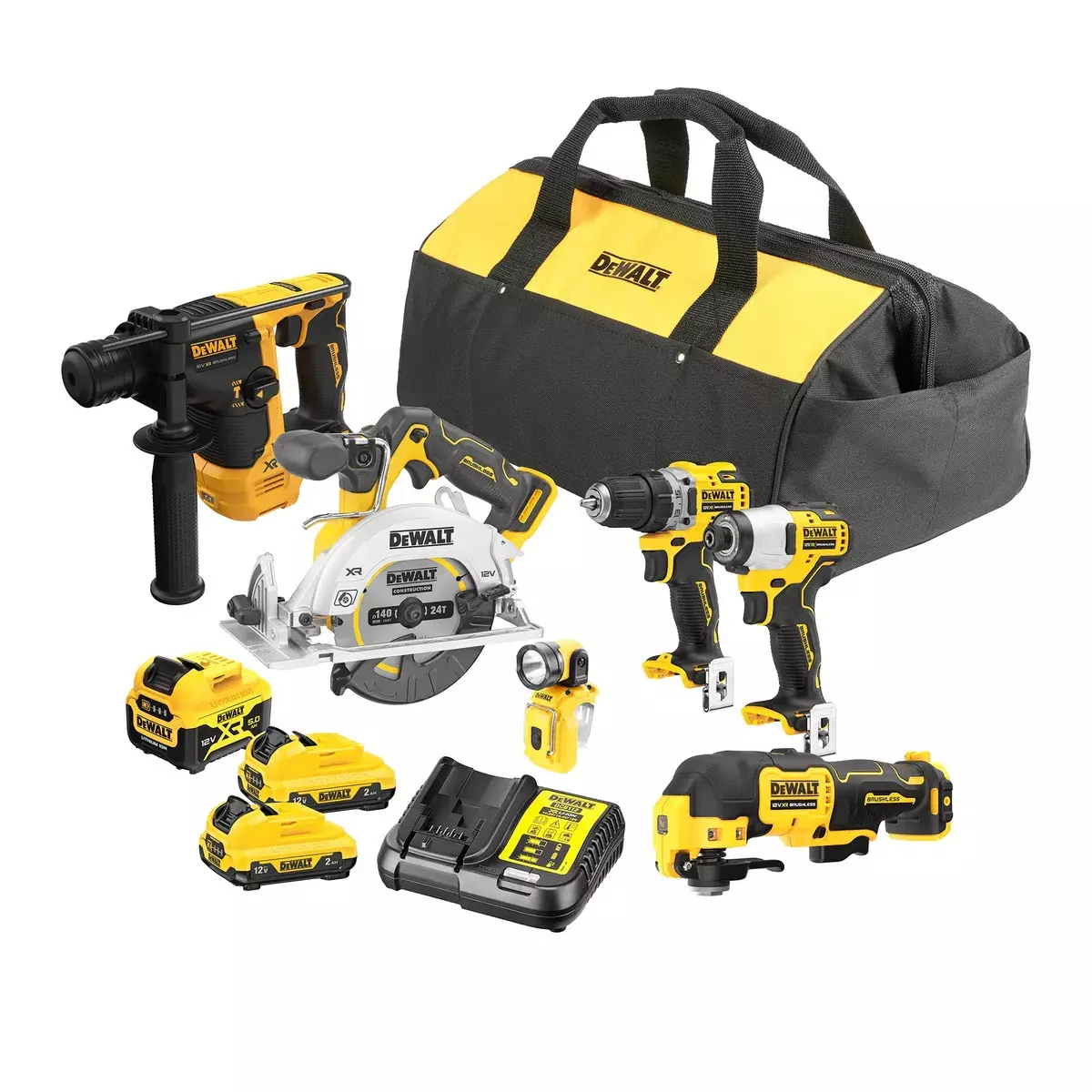 Combi set - 6 pièces starter set 12V - DEWALT - avec 1 batterie 5.0Ah + 2x 2.0Ah - chargeur - sac de transport - DCK611P1D2-QW Combi set - 6 pièces starter set 12V - DEWALT - avec 1 batterie 5.0Ah + 2x 2.0Ah - chargeur - sac de transport - DCK611P1D2-QW