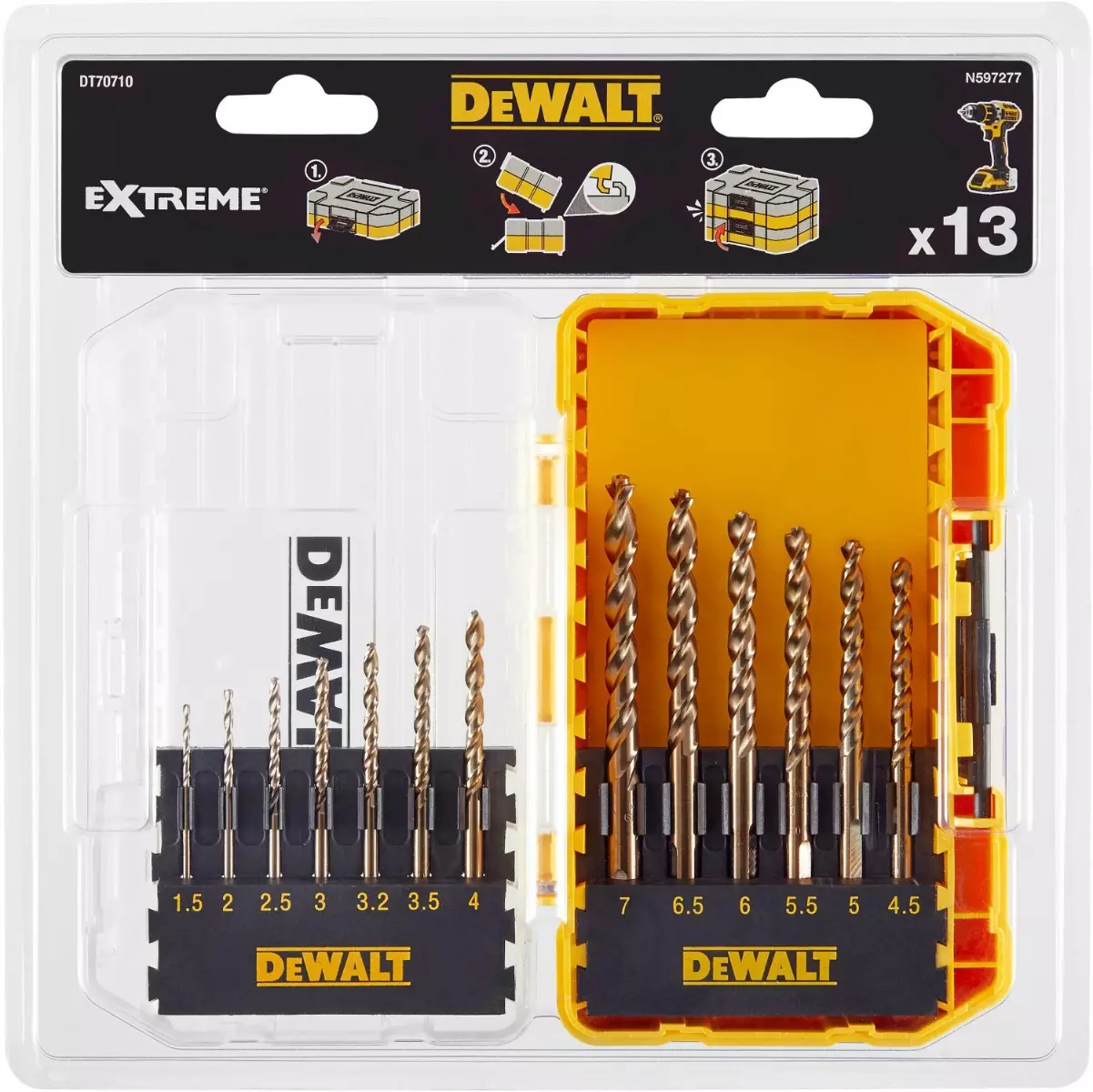 Petit coffret Toughcase contenant jeu de forets métalliques HSS-G (1.5mm-7mm) - 13 pièces - DEWALT - DT70710-QZ Petit coffret Toughcase contenant jeu de forets métalliques HSS-G (1.5mm-7mm) - 13 pièces - DEWALT - DT70710-QZ