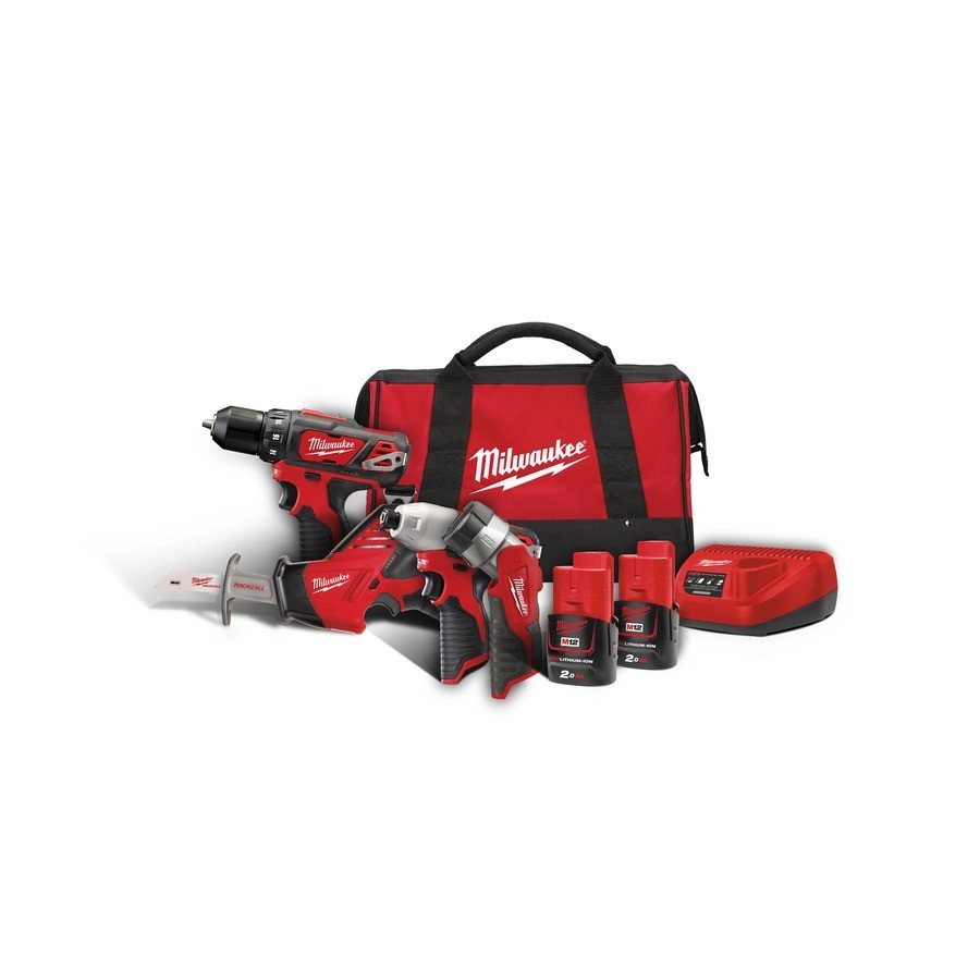 Pack 4 machines MILWAUKEE C12 PP4B-202B 12V - Perceuse + Visseuse + Scie sabre + Lampe LED + 2 batteries, chargeur sac - 4933441240 Pack 4 machines MILWAUKEE C12 PP4B-202B 12V - Perceuse + Visseuse + Scie sabre + Lampe LED + 2 batteries, chargeur sac - 4933441240