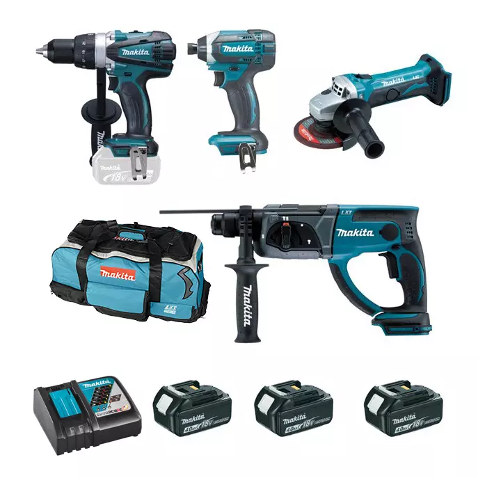 Ensemble de 4 machines 18V, Perceuse DDF458 + Meuleuse DTD152 + Perfo DHR202 + Visseuse DGA452 - MAKITA - 3 Batteries 18V 4.0Ah - chargeur - sac de transport - DLX4054MX1 Ensemble de 4 machines 18V, Perceuse DDF458 + Meuleuse DTD152 + Perfo DHR202 + Visseuse DGA452 - MAKITA - 3 Batteries 18V 4.0Ah - chargeur - sac de transport - DLX4054MX1