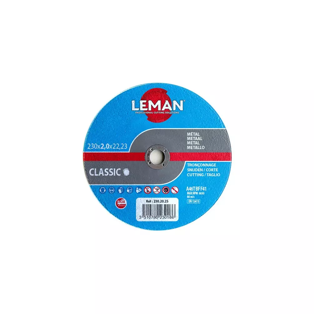 Disque à tronçonner inox à moyeu plat - D. 230 x Al. 22.23 x Ep. 2 mm - LEMAN - 230.20.25