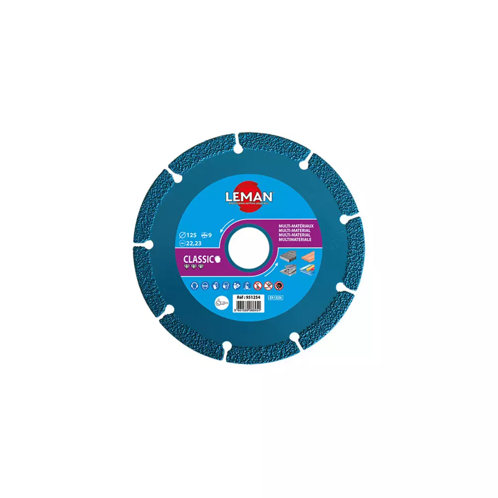 Disque diamant - D. 125 x Ep. 2.6 x Al. 22.23 mm - HT. 9 mm - Multi-matériaux - LEMAN - 951254