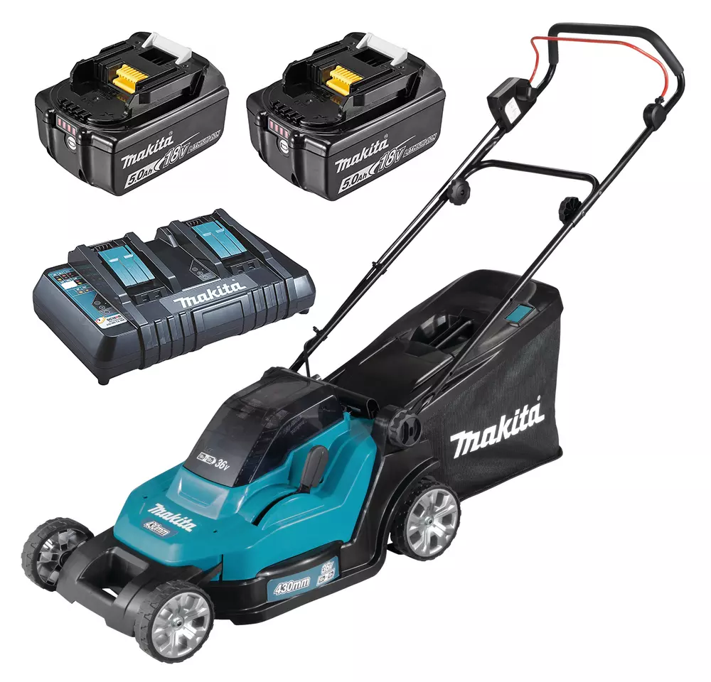 Tondeuse 36V (2X18V LXT) 43 cm - MAKITA - 2 Batteries 18V 5Ah - chargeur double - DLM432PT2 Tondeuse 36V (2X18V LXT) 43 cm - MAKITA - 2 Batteries 18V 5Ah - chargeur double - DLM432PT2
