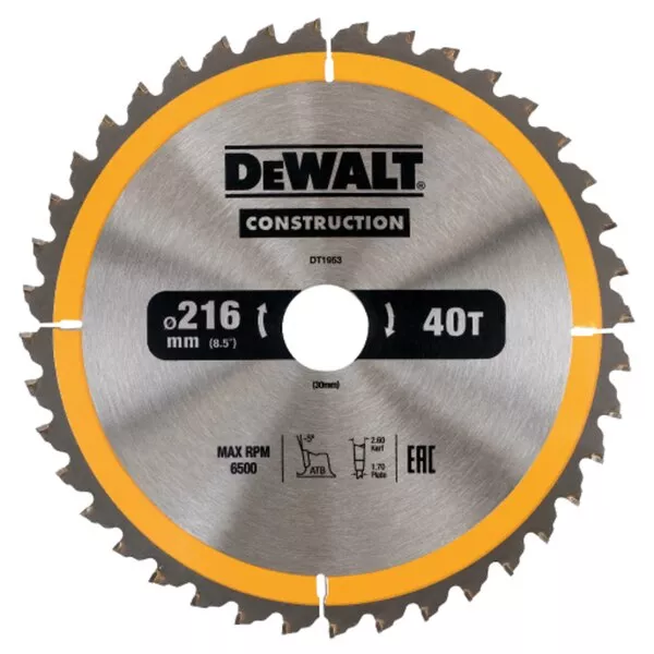 Lame scie circulaire stationnaire 216x30 mm 40 Dents Construction DEWALT - DT1953