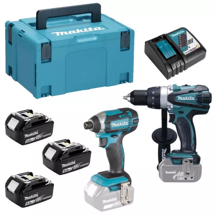 Pack de 2 machines 18V Perceuse DDF458 + Visseuse à chocs DTD152 -  MAKITA - avec 3 batteries 18V 5.0Ah - chargeur - MaKPac - DLX2144TJ1