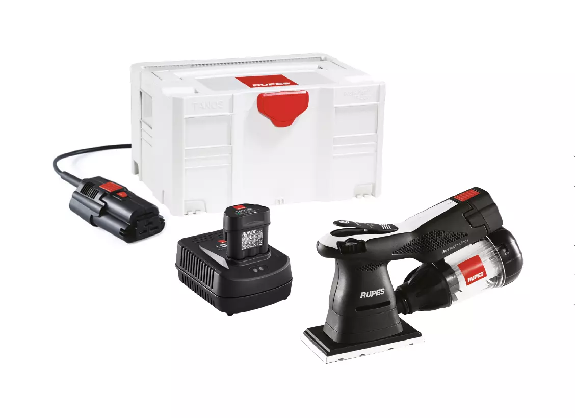 Kit mini ponceuse plateau rectangulaire avec 2 batteries + Chargeur + Bloc d'alim rechargeable + Filtre green tech + Systainer - RUPES - HSE73/BLX