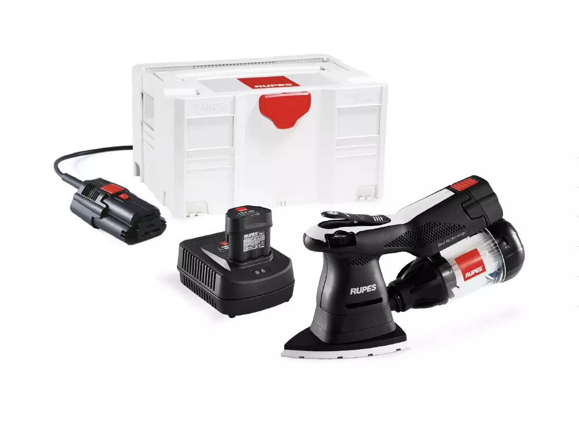 Kit mini ponceuse plateau triangulaire avec 2 batteries + Chargeur + Bloc d'alim rechargeable + Filtre green tech + Systainer - RUPES - HSS73/BLX