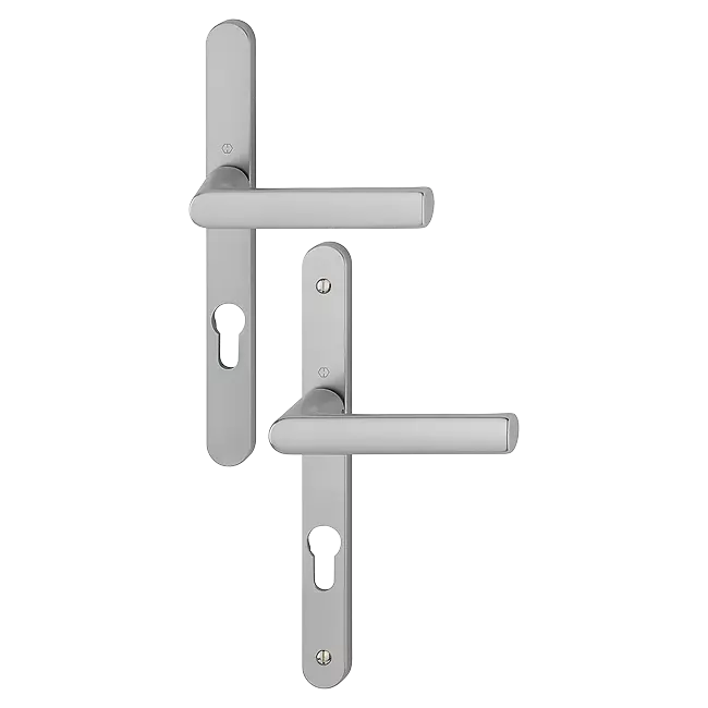 Ensemble poignées pour portes-fenêtres Hamburg plaque étroite - Carré de 7 - Entraxe 70 mm - Epaisseur 78-87 - Alu aspect inox - HOPPE - 12004169