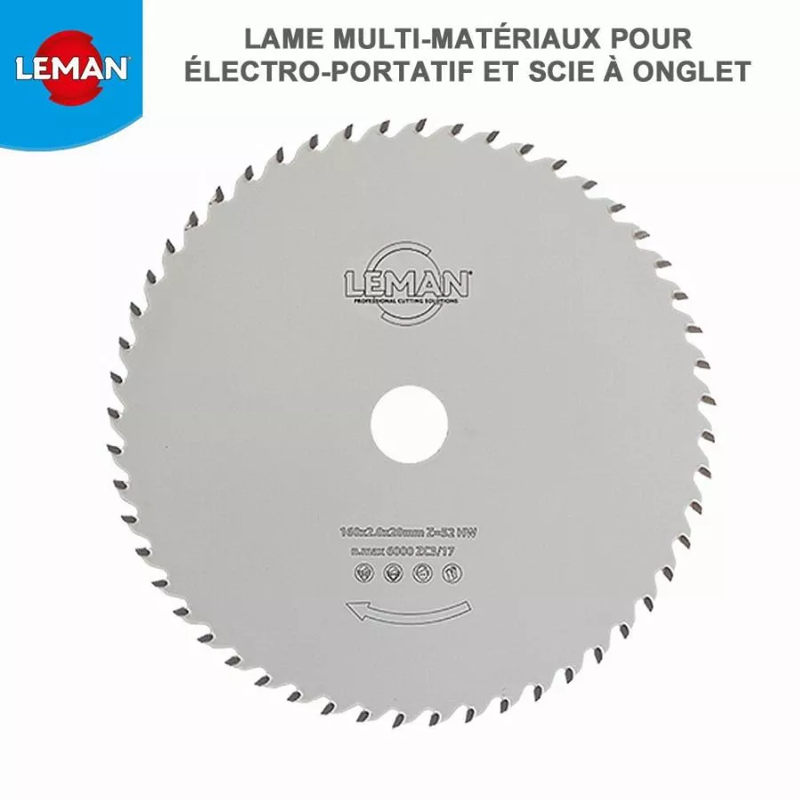 Lame carbure multi-matériaux D. 190 mm x ép. dents 2,0 - 1,4 x Al. 30 mm 55 dents - Leman - 923.190.3055 Lame carbure multi-matériaux D. 190 mm x ép. dents 2,0 - 1,4 x Al. 30 mm 55 dents - Leman - 923.190.3055