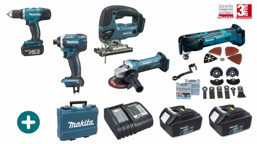 Lot 5 machines 18V  Perceuse Visseuse DDF453 + Visseuse à Choc DTD152 + Meuleuse DGA452 + Scie Sauteuse DJV180 + Outil multifonction DTM51 - MAKITA - avec 3 Batteries 18V 3Ah - Chargeur - MakPac -  LMK4