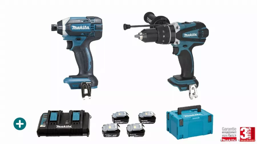 Pack 2 machines 18V + Perceuse Visseuse DHP458 + Visseuse à Choc DTD152 - MAKITA - 4 Batteries 5Ah + Chargeur Double - MakPac - LMK10 Pack 2 machines 18V + Perceuse Visseuse DHP458 + Visseuse à Choc DTD152 - MAKITA - 4 Batteries 5Ah + Chargeur Double - MakPac - LMK10