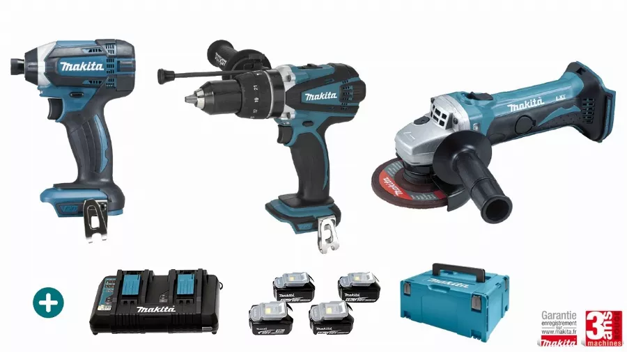 Lot 3 machines 18V + Perceuse Visseuse DHP458 + Visseuse à Choc DTD152 + Meuleuse DGA452Z - MAKITA - avec 4 batteries 18V 5Ah - chargeur Double - MakPac - LMK11 Lot 3 machines 18V + Perceuse Visseuse DHP458 + Visseuse à Choc DTD152 + Meuleuse DGA452Z - MAKITA - avec 4 batteries 18V 5Ah - chargeur Double - MakPac - LMK11