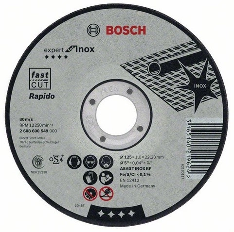 Disque EXPERT à tronçonner BOSCH à moyeu plat Spécial inox 125X1.0 MM - Lot de 25 - 2608600549 Disque EXPERT à tronçonner BOSCH à moyeu plat Spécial inox 125X1.0 MM - Lot de 25 - 2608600549