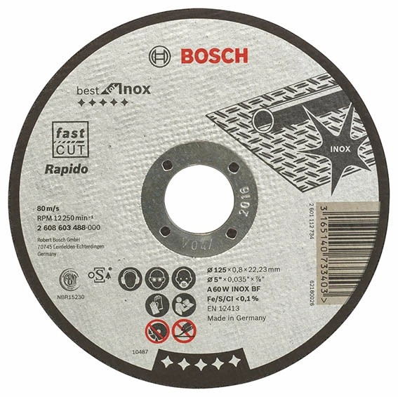 Disque BEST à tronçonner BOSCH à moyeu plat Spécial inox 125X0.8 MM - Lot de 25 - 2608603488 Disque BEST à tronçonner BOSCH à moyeu plat Spécial inox 125X0.8 MM - Lot de 25 - 2608603488