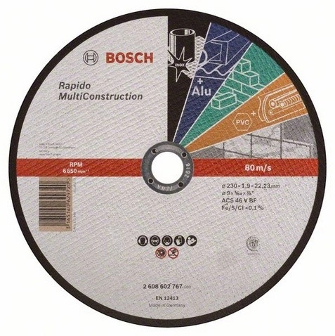 Disque UNIVERSEL à tronçonner BOSCH à moyeu plat Rapido Multi Construction 230X1.9 MM - Lot de 25 - 2608602767