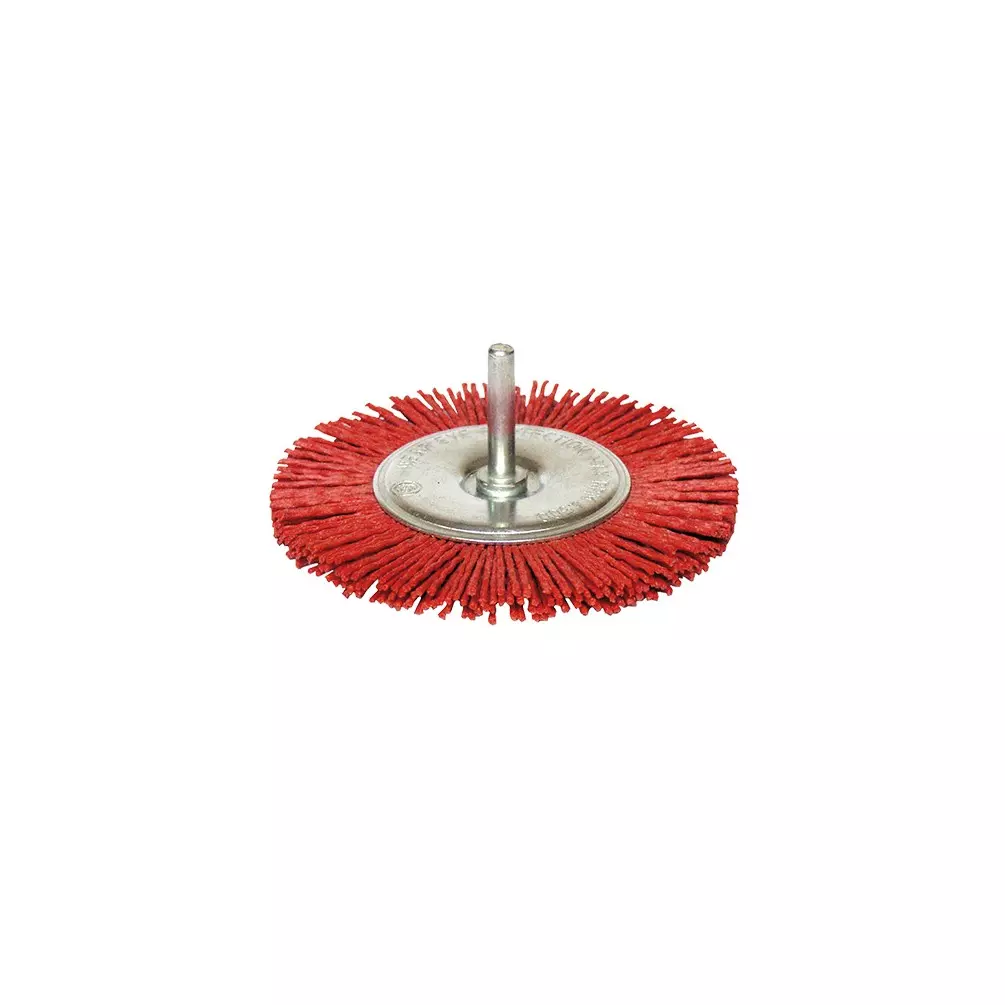 Brosse circulaire sur tige fil nylon pour décapage doux D. 75 mm - Q.6 x 30 mm - Ep.8 mm - Gr.80 - LEMAN - 110.071V