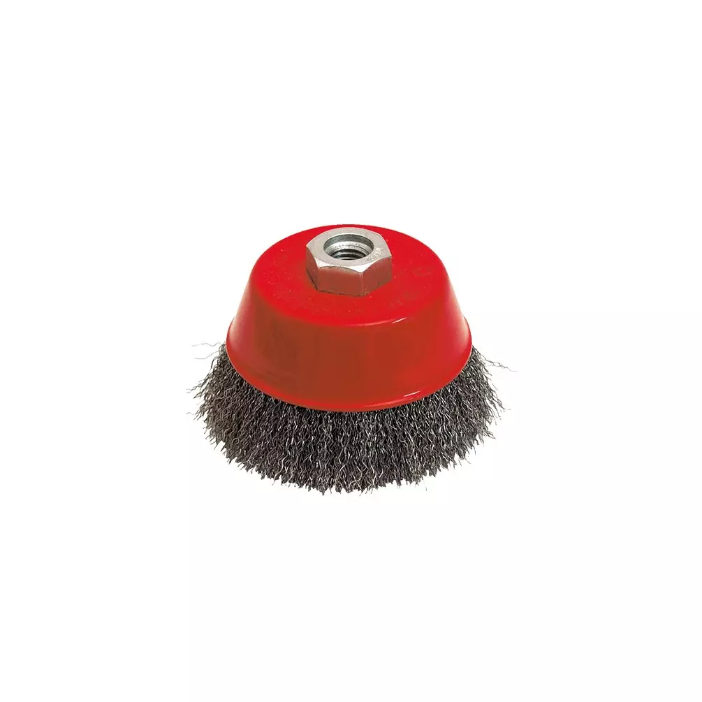 Brosse conique pour meuleuse fil acier ondulé 0.30 mm D. 100 mm M14 pour métal - Décapage dur - LEMAN - 540.100V Brosse conique pour meuleuse fil acier ondulé 0.30 mm D. 100 mm M14 pour métal - Décapage dur - LEMAN - 540.100V
