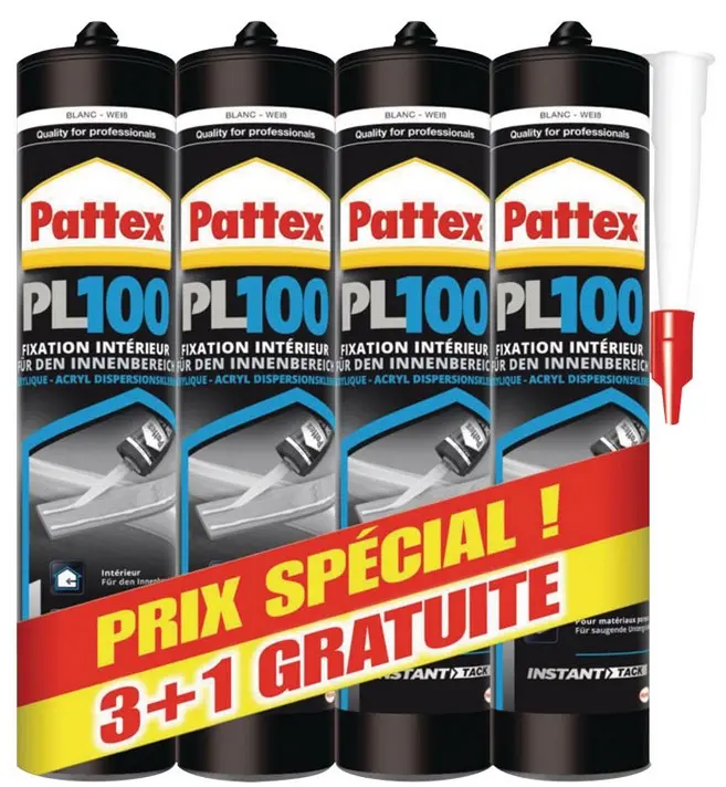 Colle fixation PL100 PATTEX - high tank - blanc - lot 3+1 - 798270