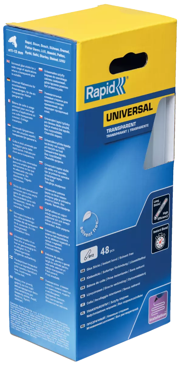 Bâtons de colle Transparente Universelle 190 mm x 48 Sticks - Boite - RAPID-ISABERG - 5001411 Bâtons de colle Transparente Universelle 190 mm x 48 Sticks - Boite - RAPID-ISABERG - 5001411