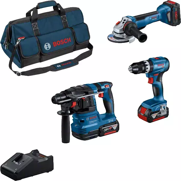 Combo Kit 18V - BOSCH - avec 3 outils GSB 18V-45 + GWS 18V-10 + GBH 18V-22 + 2 batteries 5,0 Ah + 1 batterie 5,5 Ah (ProCORE) + GAL 18-40 + sac - 0615A5004C Combo Kit 18V - BOSCH - avec 3 outils GSB 18V-45 + GWS 18V-10 + GBH 18V-22 + 2 batteries 5,0 Ah + 1 batterie 5,5 Ah (ProCORE) + GAL 18-40 + sac - 0615A5004C