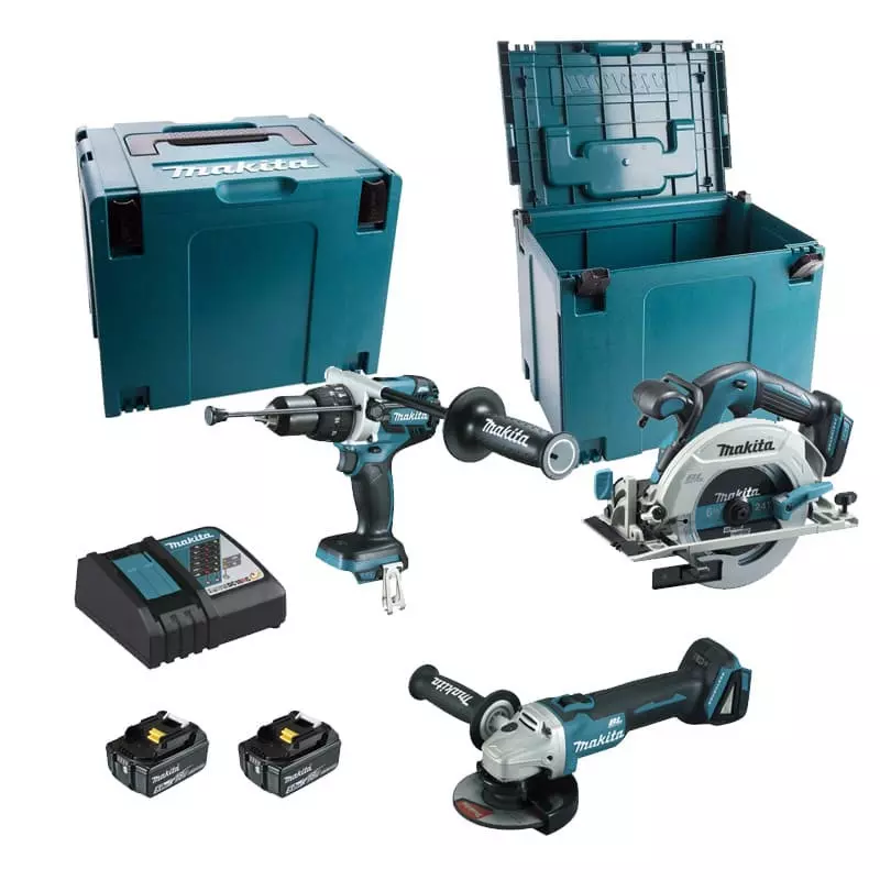 Ensemble de 3 machines 18 V LXT - Perceuse DHP481 + Meuleuse DGA506 + Scie DHS680 -MAKITA - 2 batteries 18V 5Ah + chargeur rapide + 2  MACPAK - DLX3095PTJ