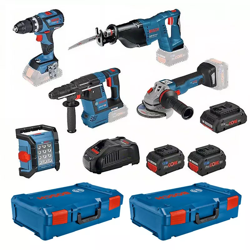 Pack 5 outils sans fil 18V - Perceuse à percussion - Meuleuse d'angle - Marteau perforateur - Scie sabre - Lampe - BOSCH - avec 2 batteries 18v 8.0Ah et 118v 4.0AH - chargeur - 2 XL-Boxx - 0615990M2X Pack 5 outils sans fil 18V - Perceuse à percussion - Meuleuse d'angle - Marteau perforateur - Scie sabre - Lampe - BOSCH - avec 2 batteries 18v 8.0Ah et 118v 4.0AH - chargeur - 2 XL-Boxx - 0615990M2X