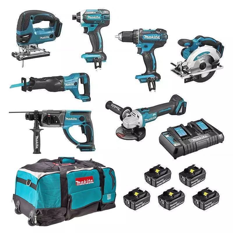 Pack de 7 machines 18V - Perceuse DDF482 + Visseuse DTD152 + Meuleuse DGA504 + Scie DSS610 + Perfo DHR202 + Scie DJR186 + Scie DJV180 - MAKITA -  avec 5 batteries 18V 5Ah + chargeur double rapide + Sac outillage - DLX7013PT1