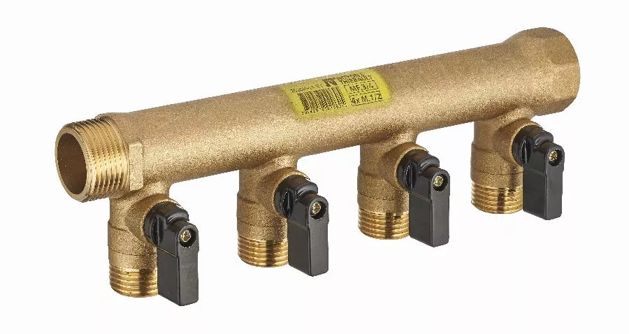 Collecteur à vannes 1/4 tour monobloc mâle femelle MF3/4' (20x27), 4 départs vannes mâle M1/2' (15x21) Entraxe 50 mm NOYON & THIEBAULT - 2020M-154ET