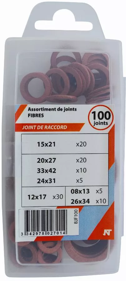 Coffret brochable de 100 joints fibre pour raccord : 5x1/4 + 30x3/8 + 20x(1/2' NOYON & THIEBAULT - 3/4' (20x27)) + 10x(1' - 1'1/4) + 5x24 - BJF100