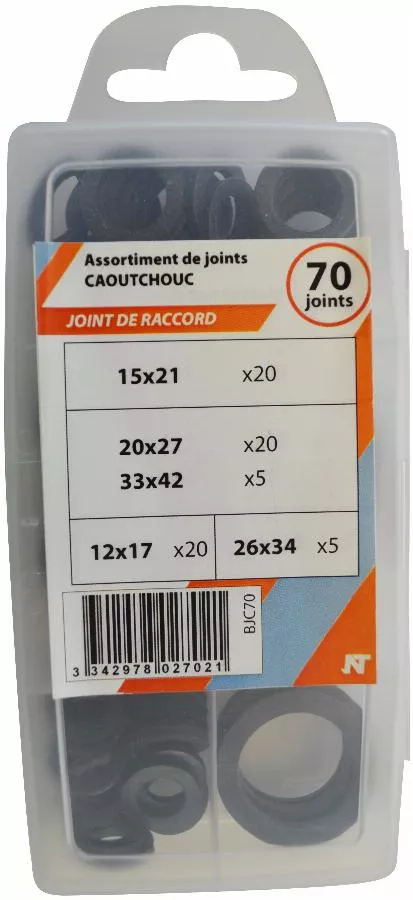 Coffret brochable de 70 joints caoutchouc pour raccord : 20x(3/8 NOYON & THIEBAULT - 1/2' - 3/4' (20x27)) + 5x1' + 5x1'1/4 - BJC70