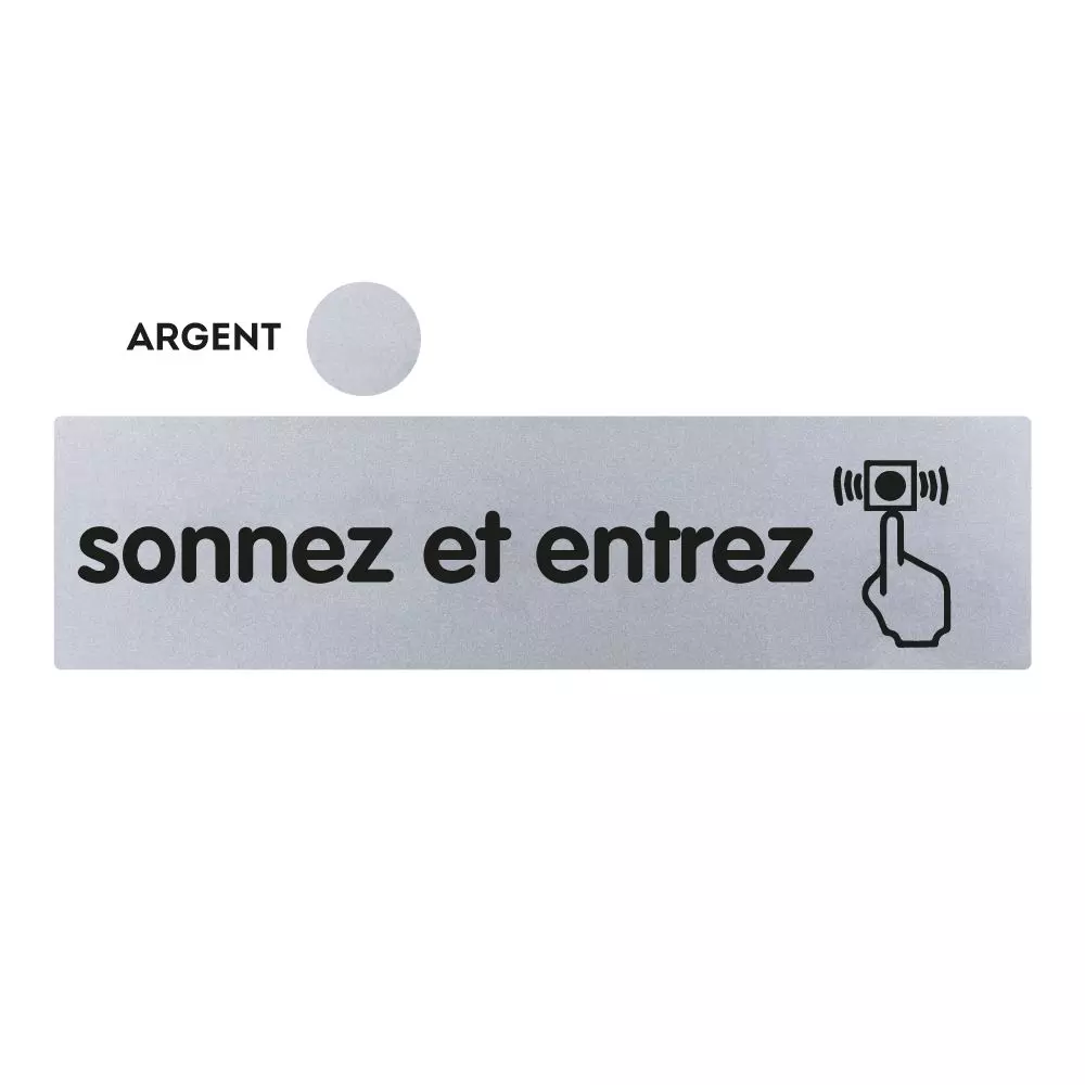 Plaquette de porte plexiglas 170 x 45 mm - Sonnez et entrez - Classique argent - NOVAP - 4321110