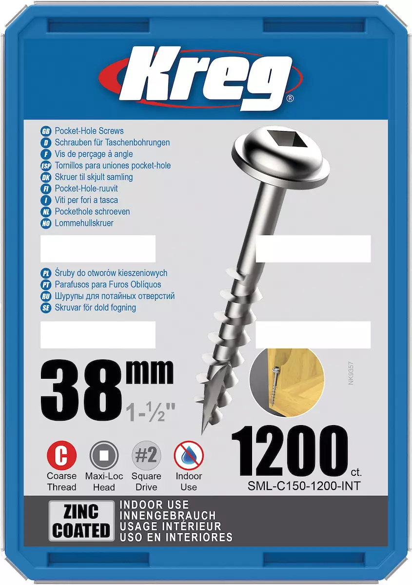 Vis à trous de poche 38 mm Revêtu de Zinc Maxi-Loc, Filetage épai, 1200 - KREG - SML-C150-1200-INT