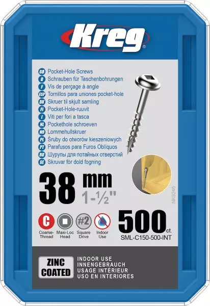 Vis à trous de poche 38 mm Revêtu de Zinc Maxi-Loc, Filetage épai, 500 - KREG - SML-C150-500-INT