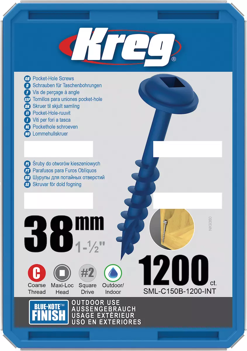 Vis à trous de poche 38 mm Revêtu de Zinc Maxi-Loc, Filetage épai, 1200 - KREG - SML-C150B-1200-INT