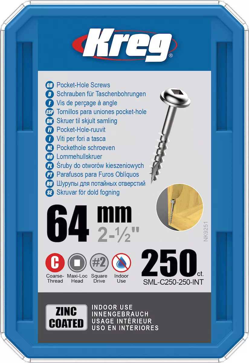 Vis à trous de poche 64 mm Revêtu de Zinc Maxi-Loc, Filetage épai, 250 - KREG - SML-C250-250-INT