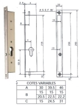 Serrure à encastrer 2 points haut et bas METALUX N30-30 mm - axe 15mm - Sans gâche - F130303000