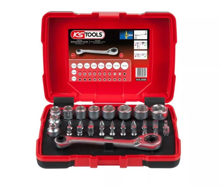 Coffret de douilles et d'embouts de visage 1/4" + 11 mm KS TOOLS - 31 pièces - 918.3050 Coffret de douilles et d'embouts de visage 1/4" + 11 mm KS TOOLS - 31 pièces - 918.3050