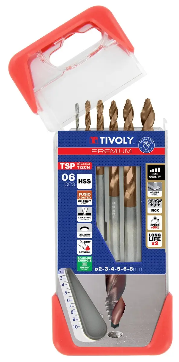 6 Forets métaux TSP HSS taillés meulés revêtus FUSIO - affûtage étagé - Ø 2 à 8 mm - TIVOLY - 11457170002
