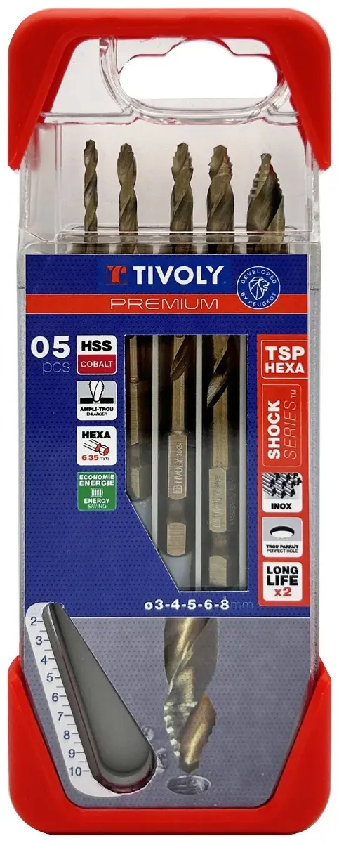 Coffret de 5 forets métaux TSP HSS Cobalt taillés meulés - Ø3-4-5-6-8mm - TIVOLY - 11457370002