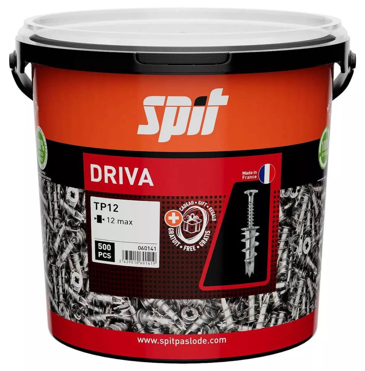Cheville autoforeuse métallique DRIVA TP12 pour plaque de plâtre - Seau de 500 - SPIT - 060141